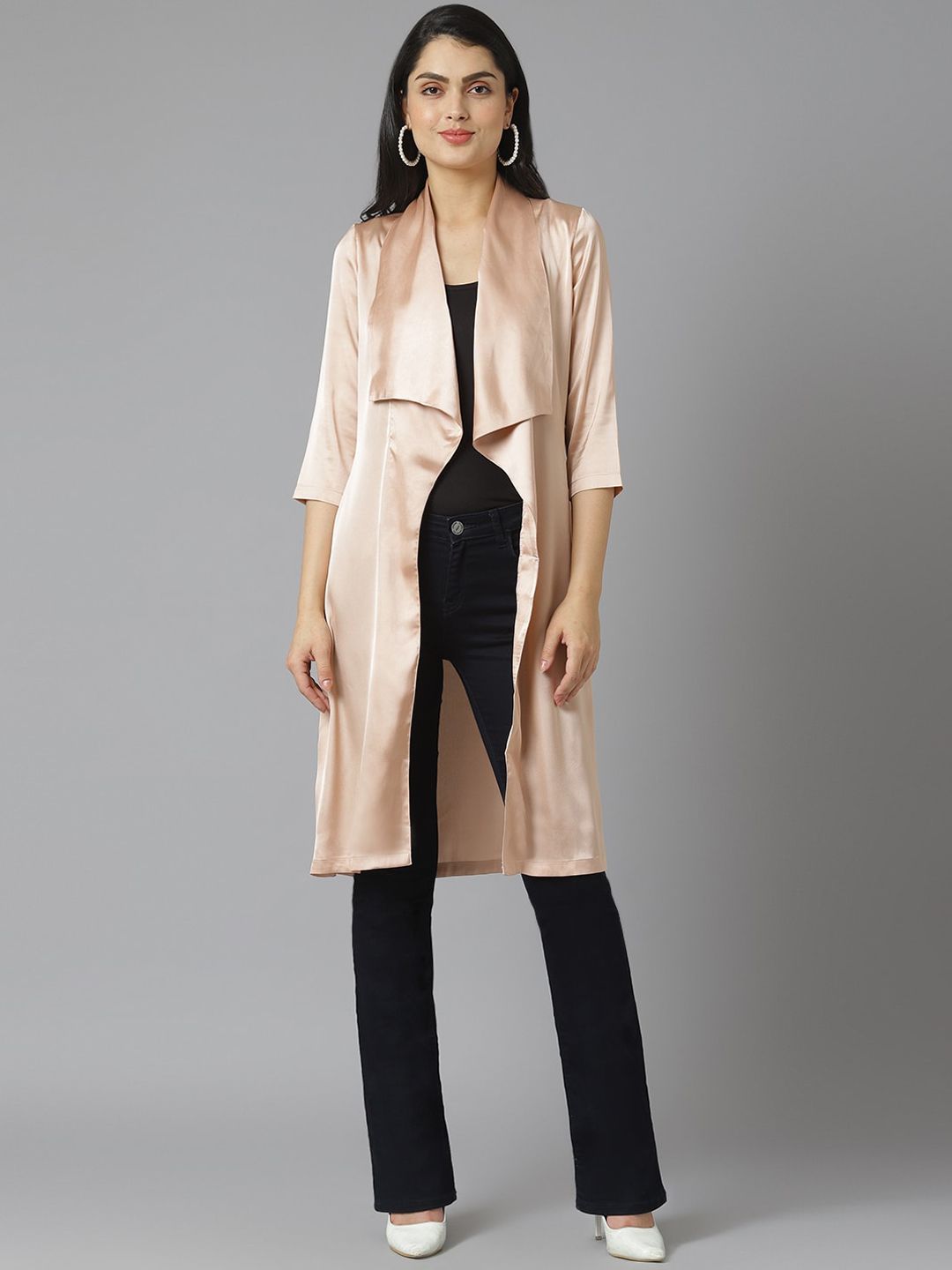 am ma Women Rose Gold-Coloured Longline Open Front Jacket Price in India