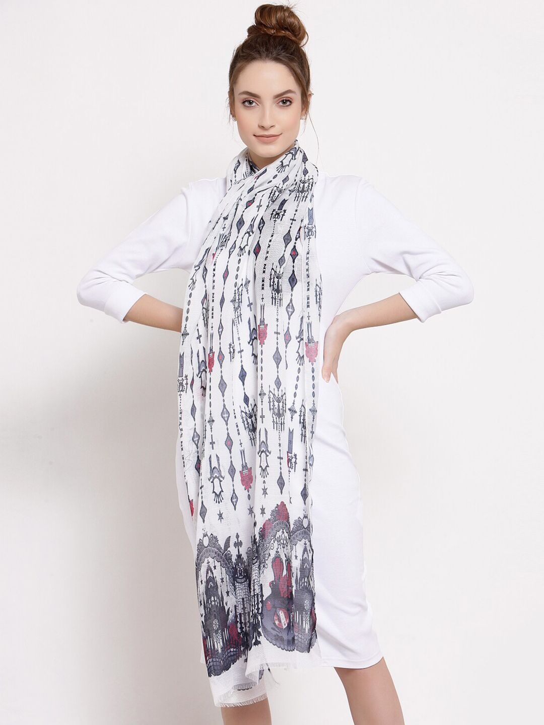 J Style Women White & Charcoal Printed Cotton Stole Price in India