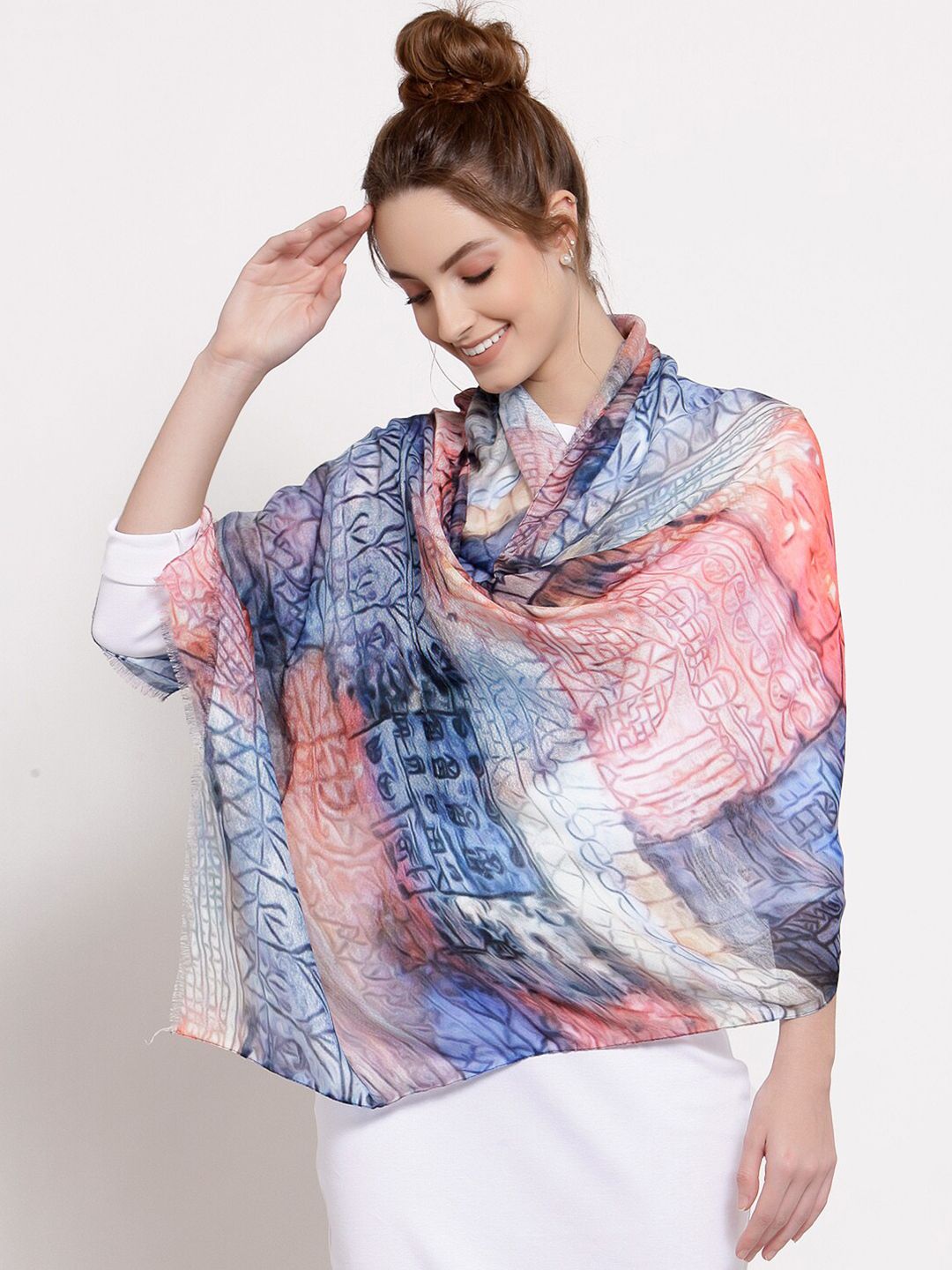 J Style Women Pink & Blue Abstract Printed Cotton Stole Price in India