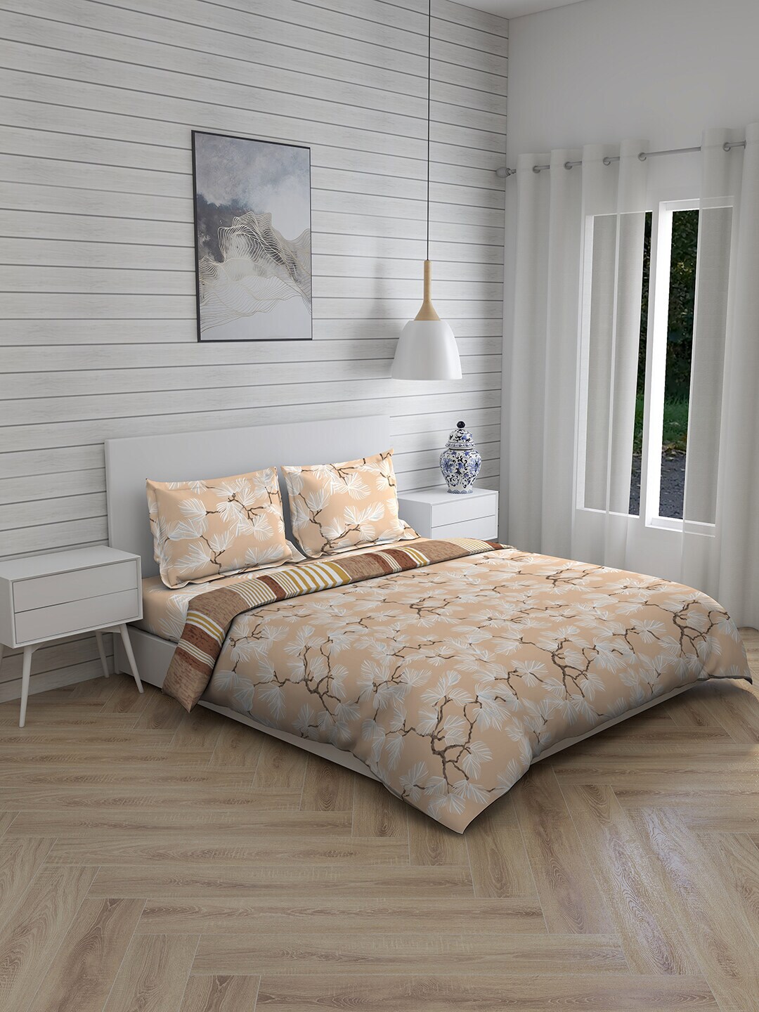 Boutique Living India Beige & White Floral Printed Pure Cotton Double King Bedding Set Price in India