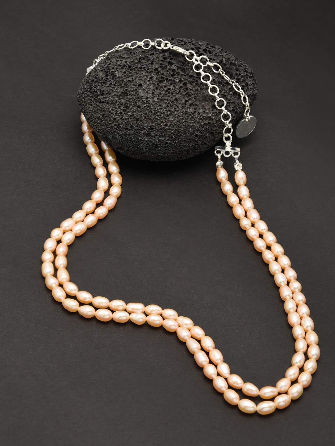 Zaveri Pearls Peach-Coloured & Silver-Plated Freshwater Pearl Layered Necklace Price in India