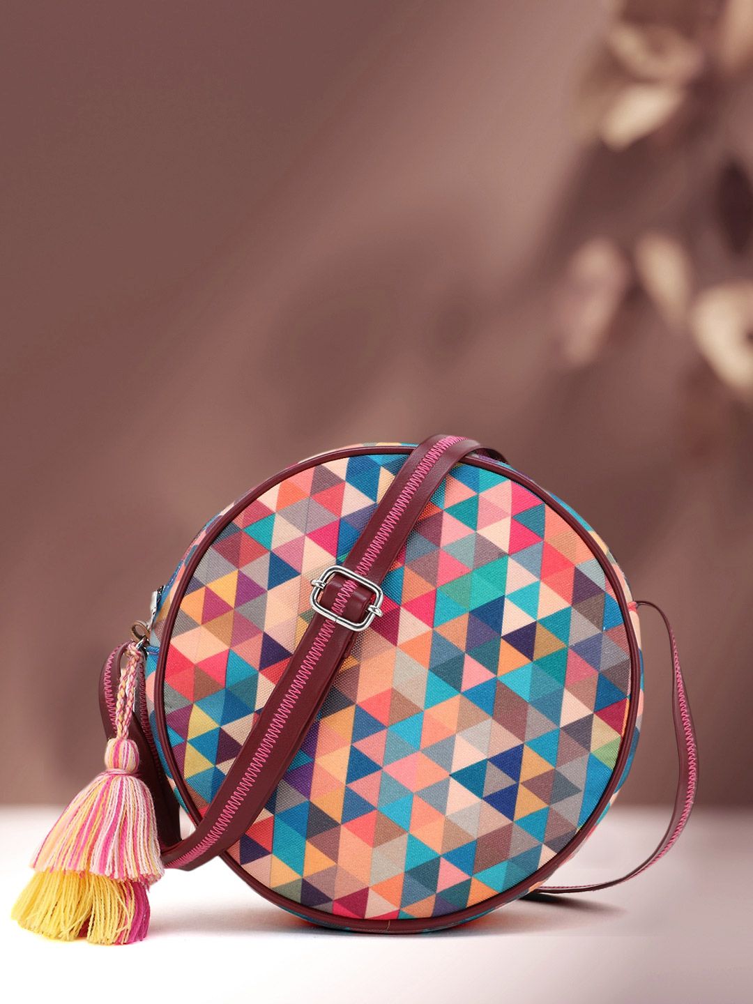 Anekaant Pink & Blue Geometric Printed Round Sling Bag Price in India