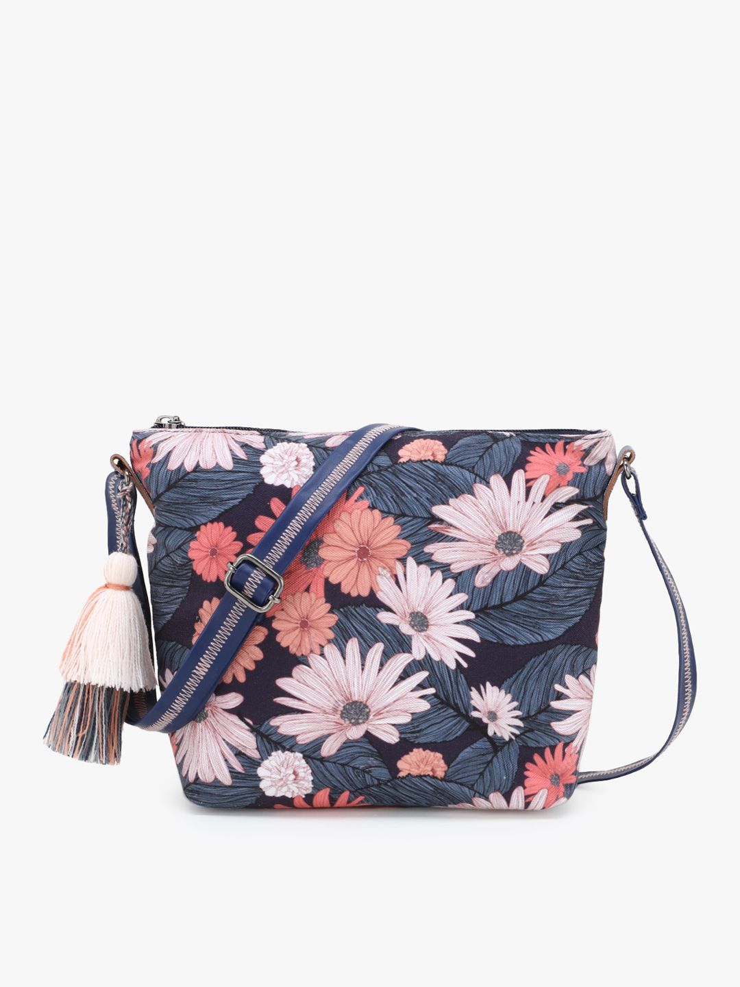 Anekaant Grey Floral Printed Structured Sling Bag with Tasselled Price in India