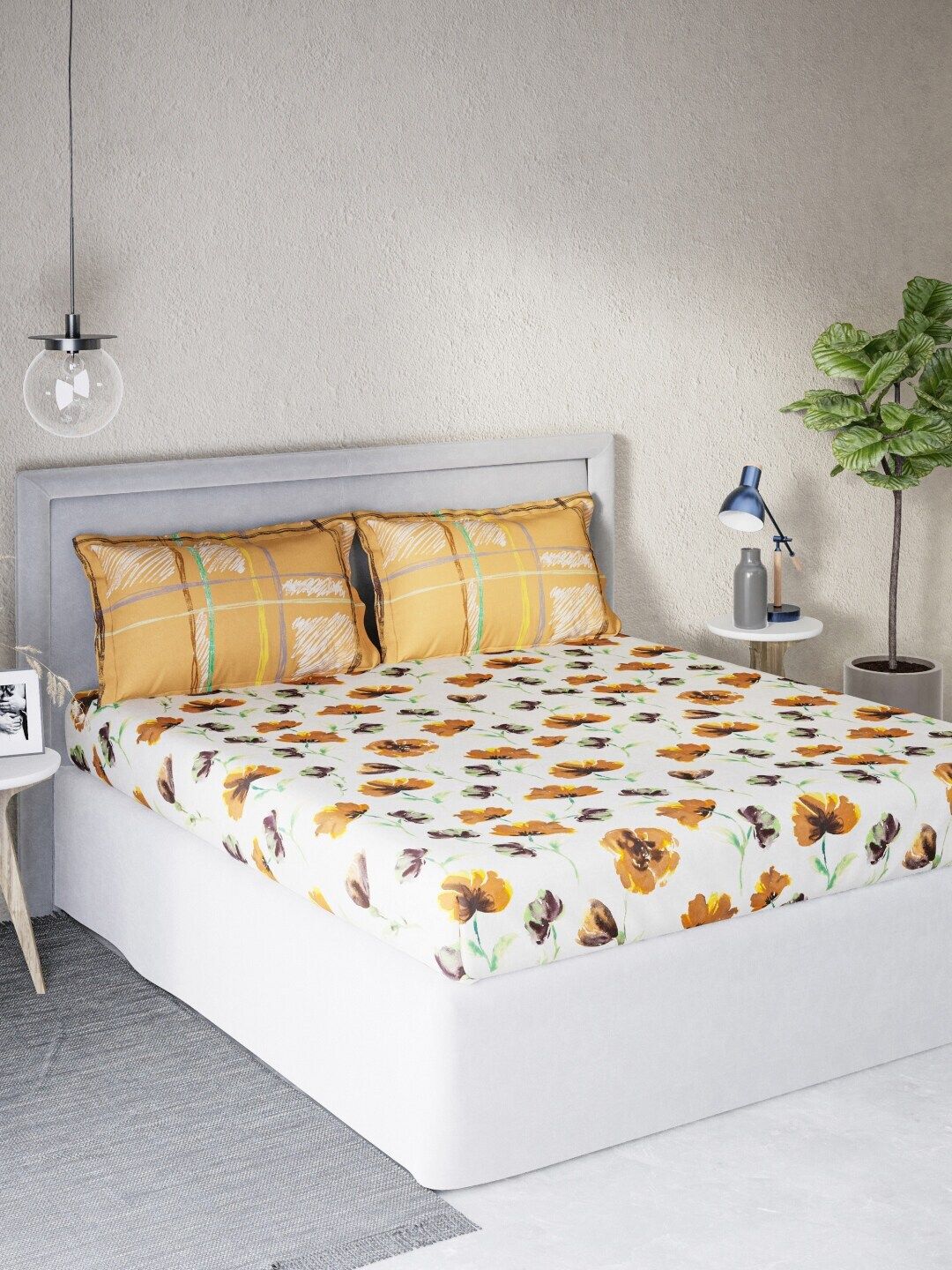 DDecor Brown & Mustard Floral Cotton Sigma 140 TC Queen Bedsheet with 2 Pillow Covers Price in India