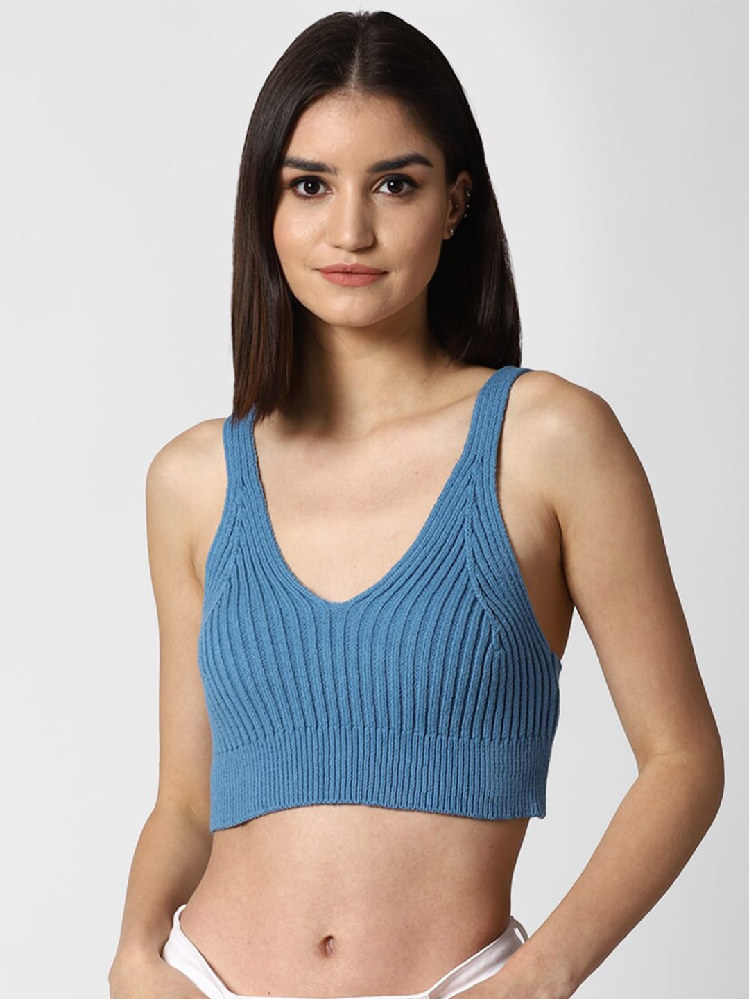 FOREVER 21 Women Blue Ribbed Cotton Cropped Cami Sweater Price in India
