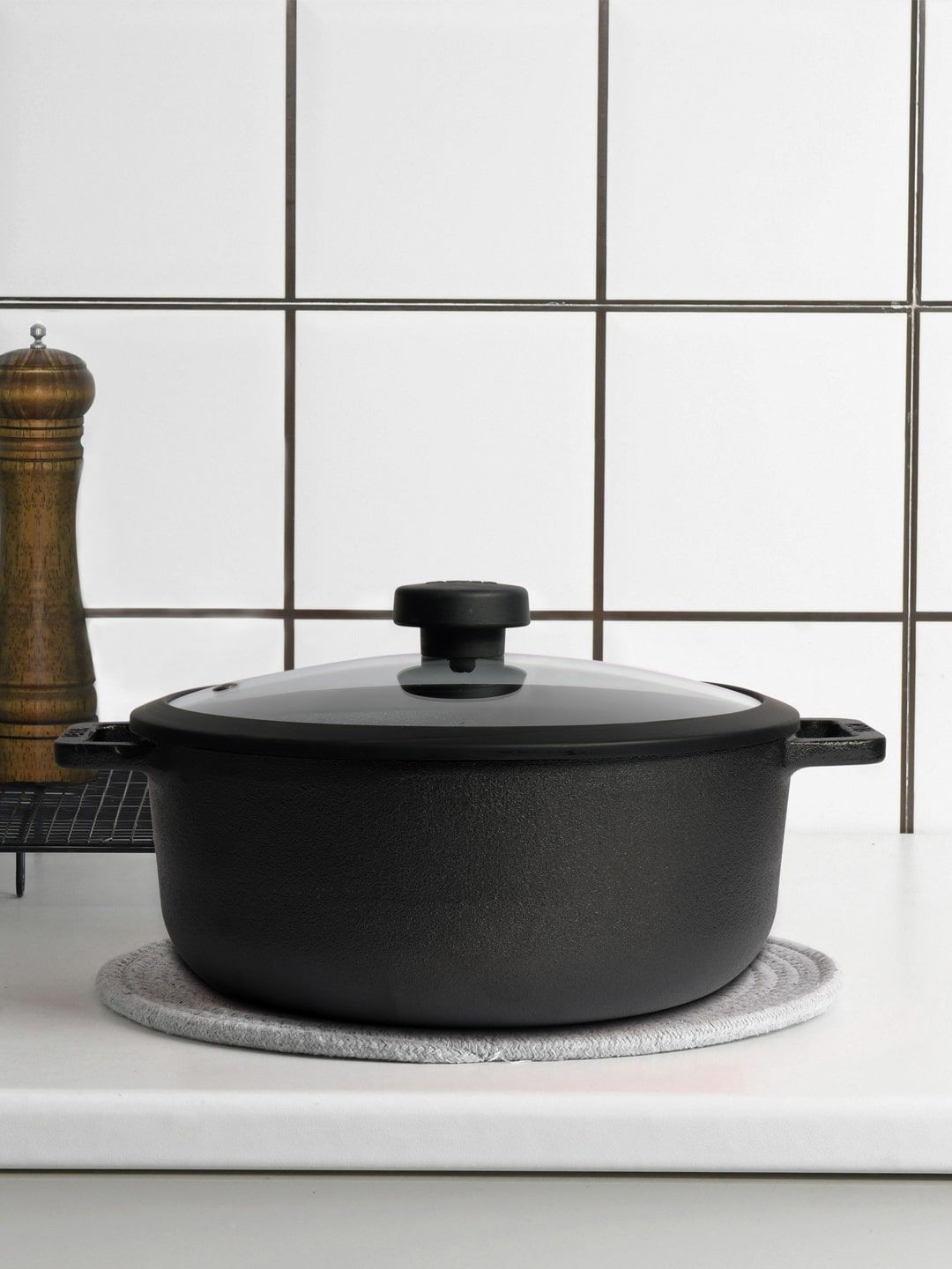 MEYER Black Solid Pre-Seasoned Cast Iron Dutch Oven/Sauteuse With Glass Lid 24cm Price in India