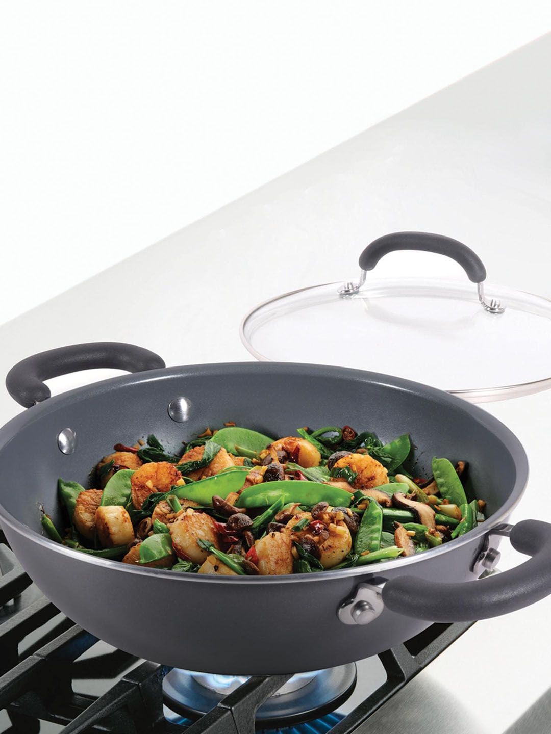 MEYER Silver-Toned Anzen Ceramic Coated Cookware 24cm Kadai With Lid Price in India