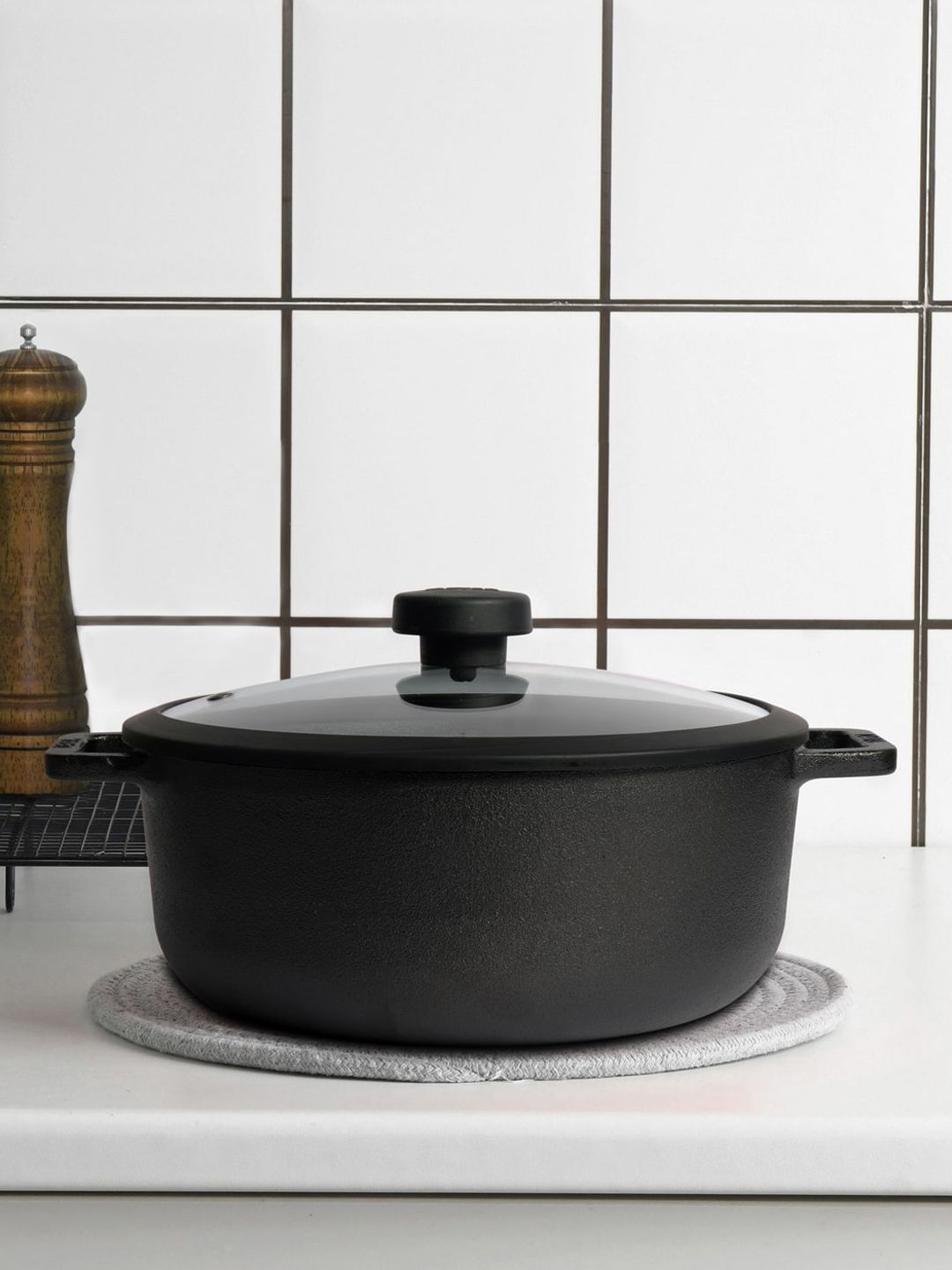 MEYER Black Solid Pre-Seasoned Cast Iron Stew Dutch Oven/Sauteuse With Glass Lid, 20cm Price in India