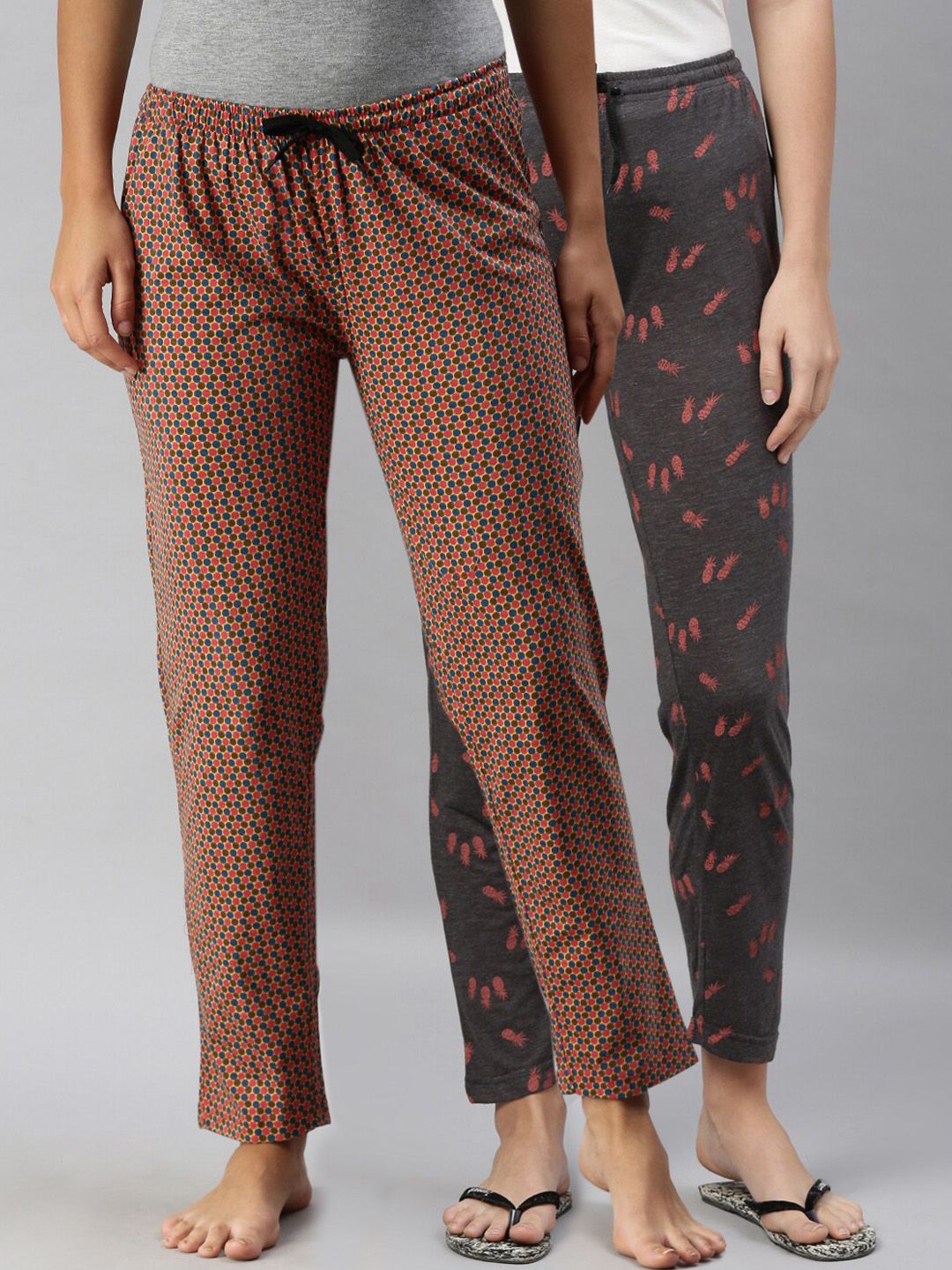 Kryptic Women Grey Melange & Mustard Yellow Pack of 2 Printed Pure Cotton Lounge Pants Price in India