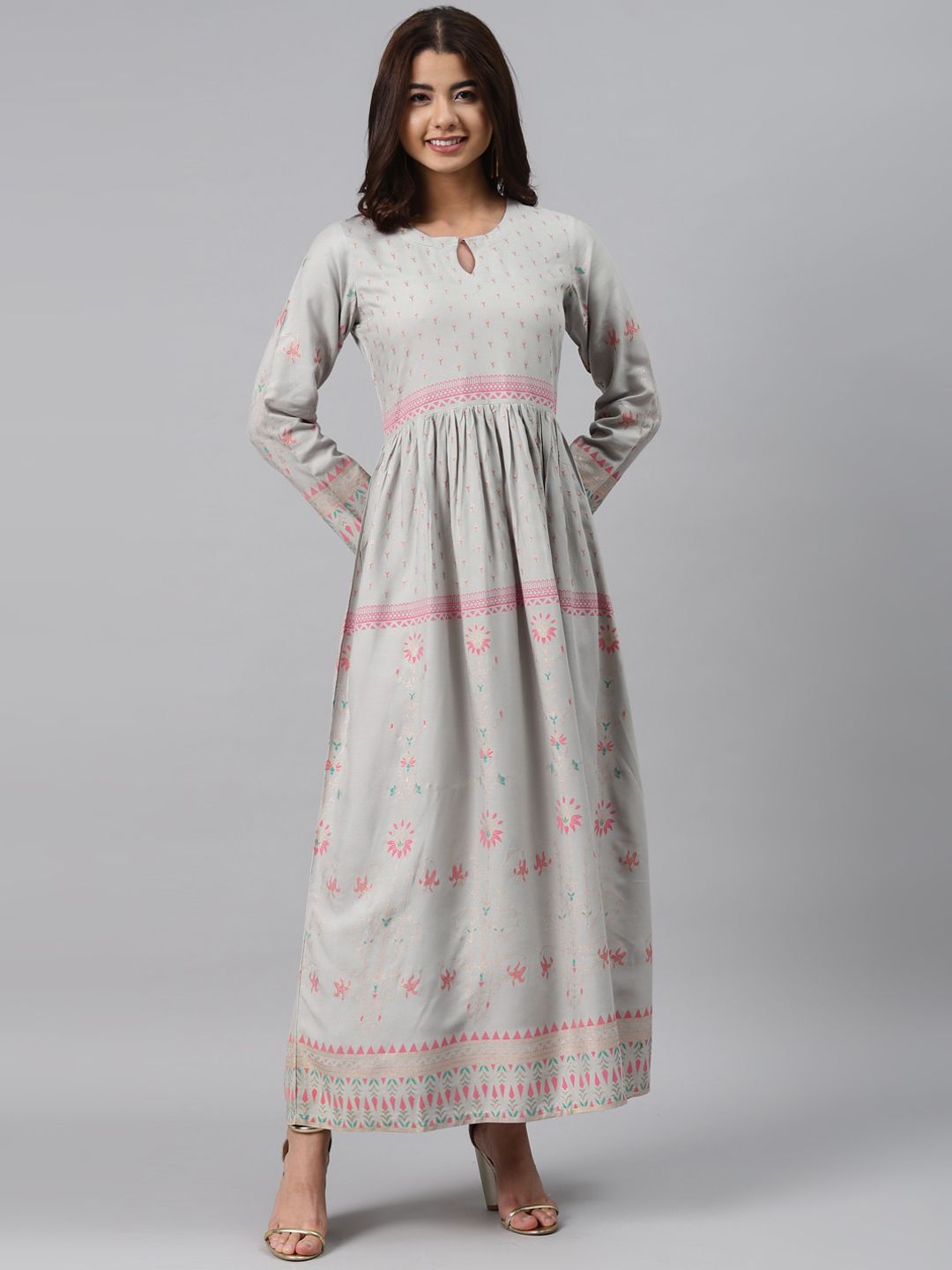 GERUA Grey Floral Keyhole Neck Maxi Dress Price in India