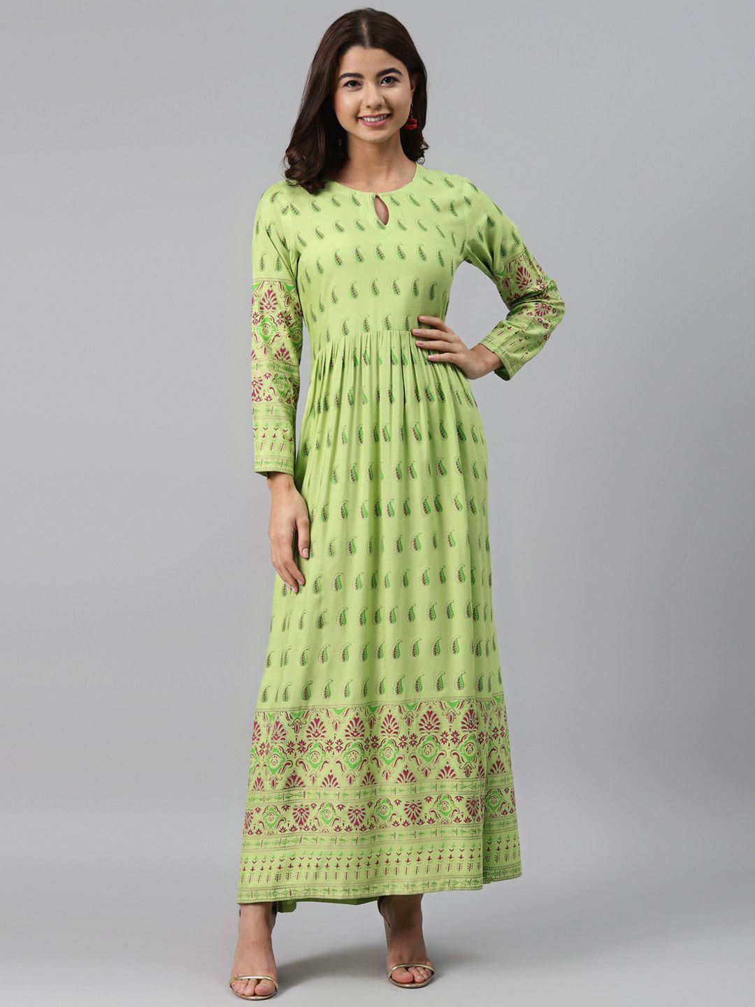 GERUA Green Ethnic Motifs Maxi Dress Price in India