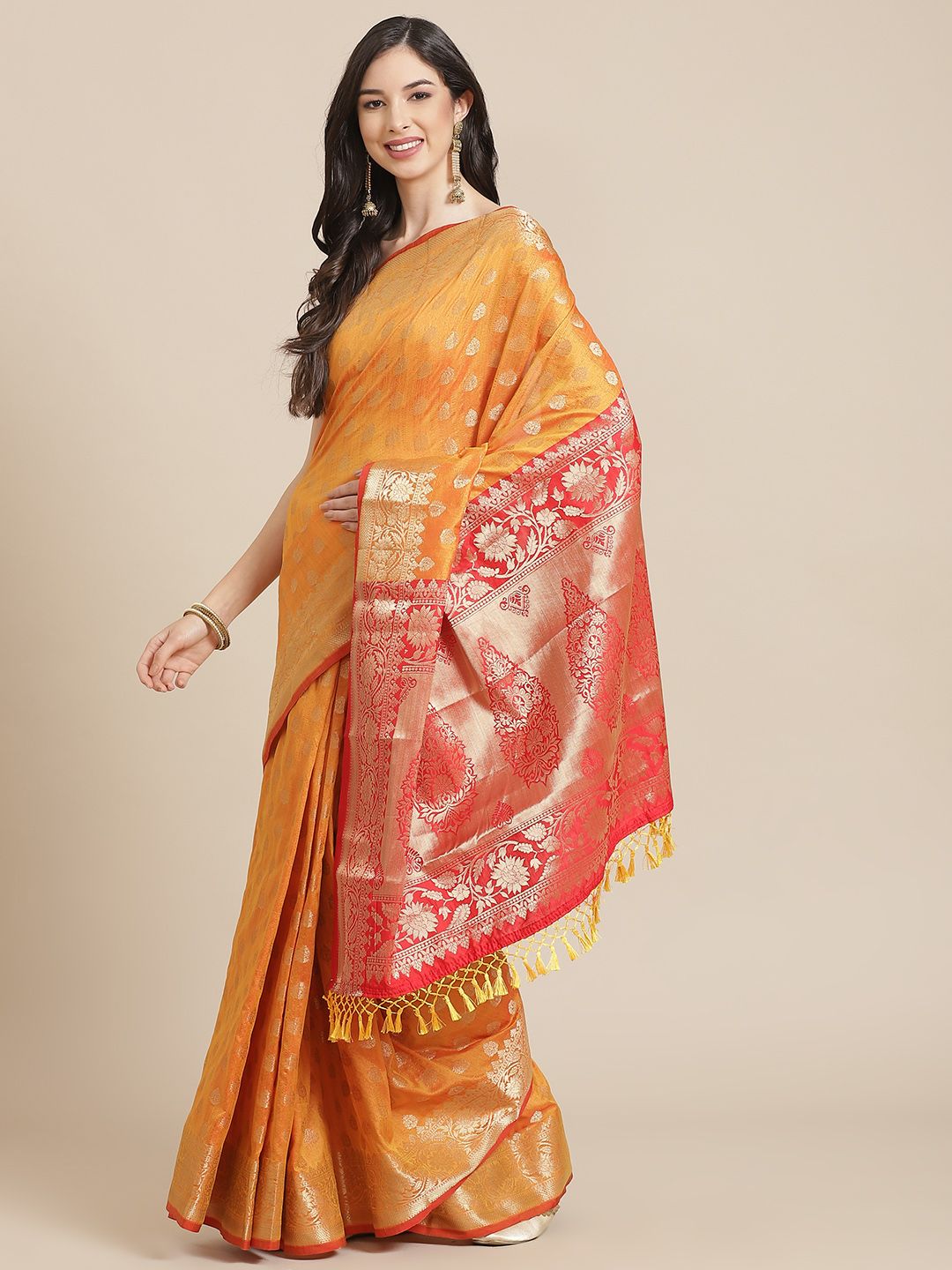 SHANGRILA Orange Woven Design Zari Art Silk Saree Price in India