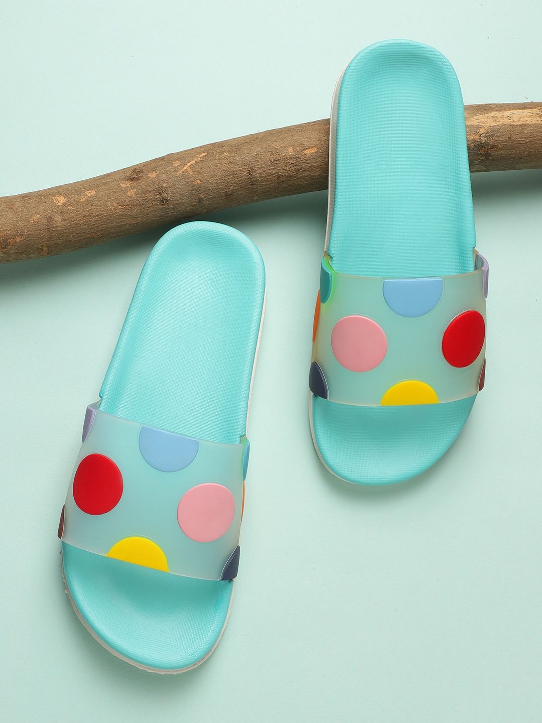 Pampy Angel Women Turquoise Blue & Red Polka Dots Printed Rubber Sliders Price in India