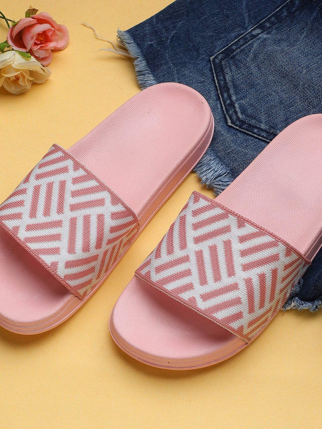 Pampy Angel Women Pink & White Printed Rubber Sliders Price in India