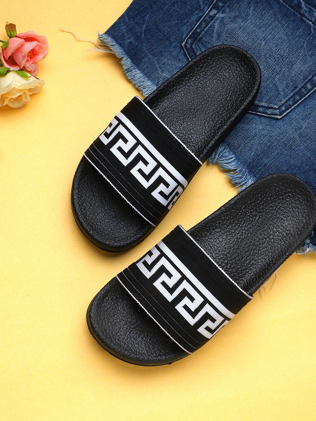 Pampy Angel Women Black & White Printed Rubber Sliders Price in India