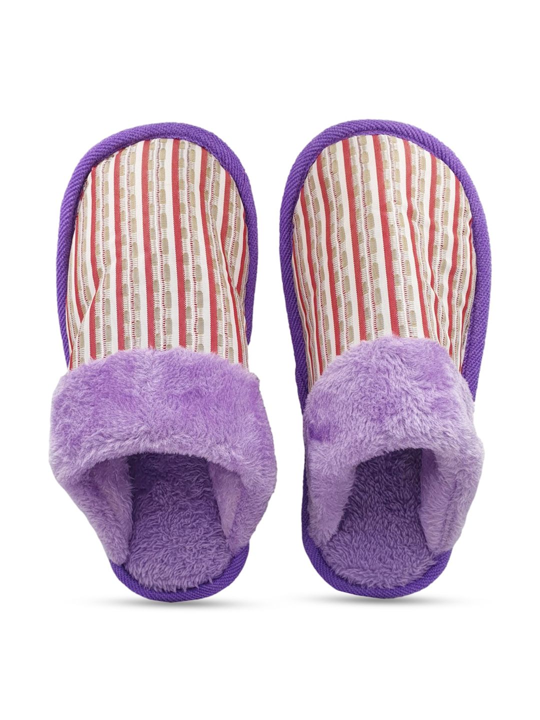 Pampy Angel Women Purple & Cream-Coloured Striped Fur Plush Room Slippers Price in India