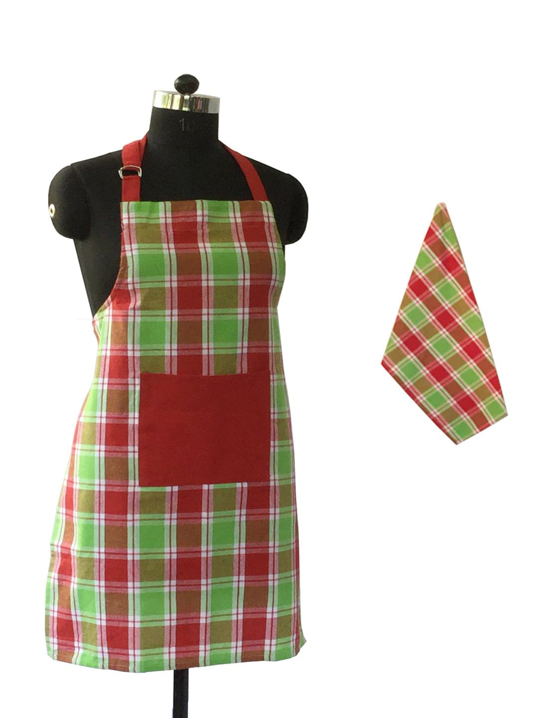 Lushomes Red & Green Checked Cotton 2-Piece Kitchen Apron Set Price in India