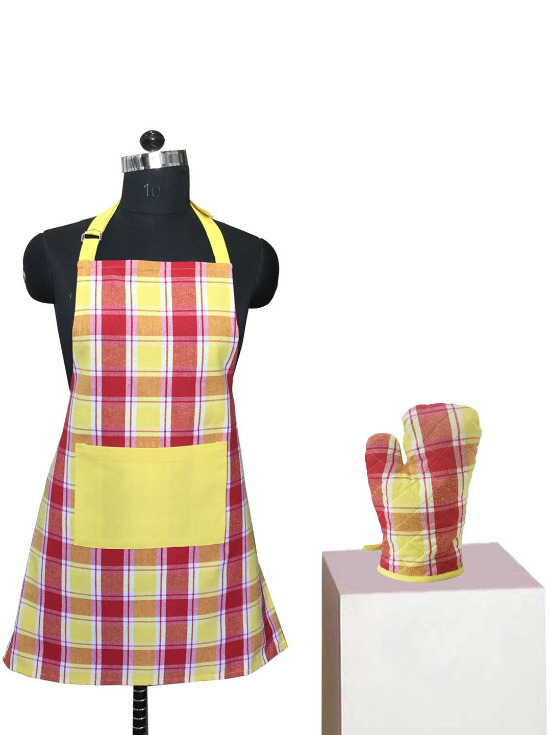 Lushomes Red & Yellow Kitchen Apron with Oven Gloves Price in India