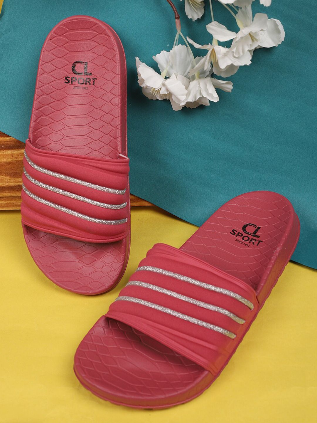 Carlton London sports Women Pink Striped Sliders Price in India