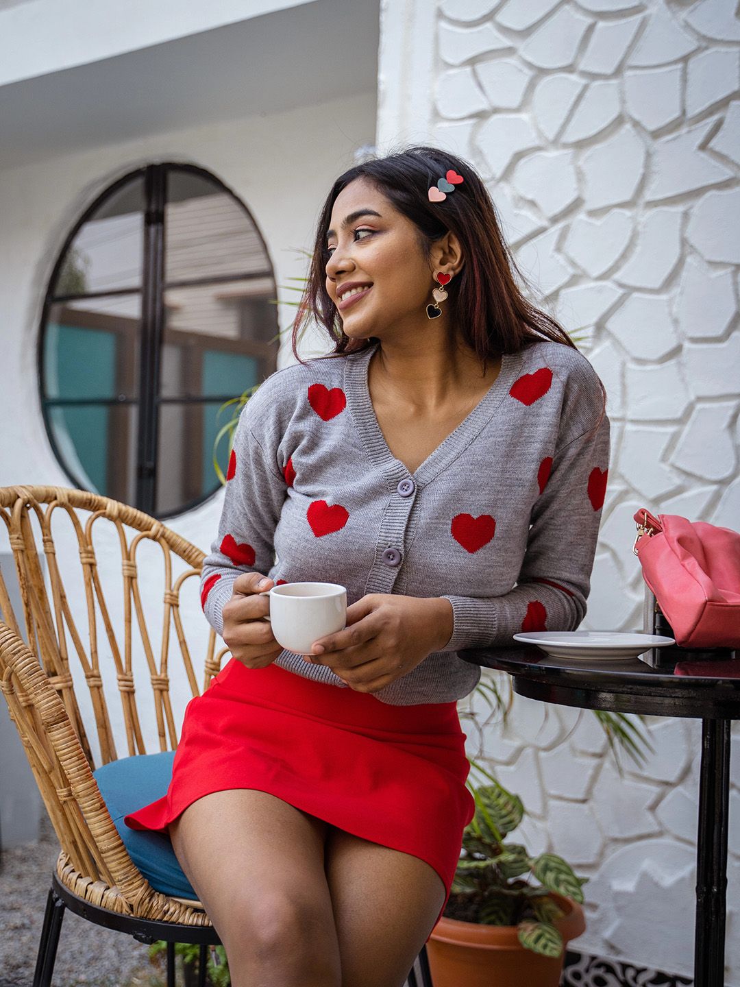 *p(R)ojectR®　Heart P Knit Buy Zink London Women Grey & Red Jacquard Heart Printed Pure
