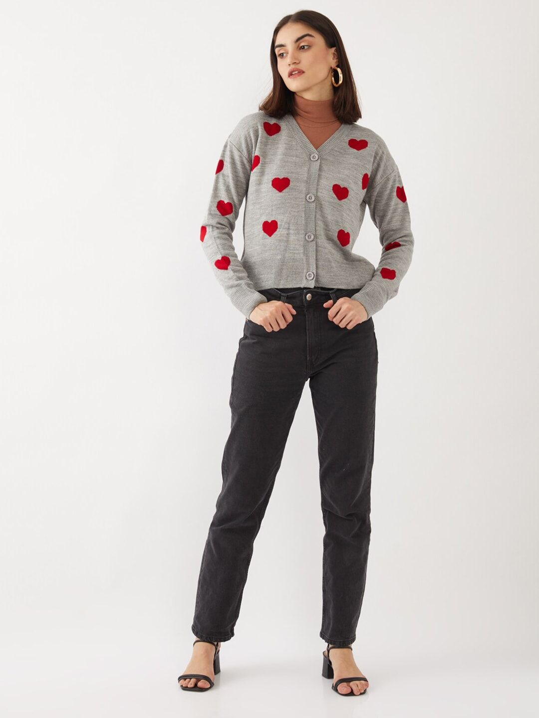 *p(R)ojectR®　Heart P Knit Buy Zink London Women Grey & Red Jacquard Heart Printed Pure