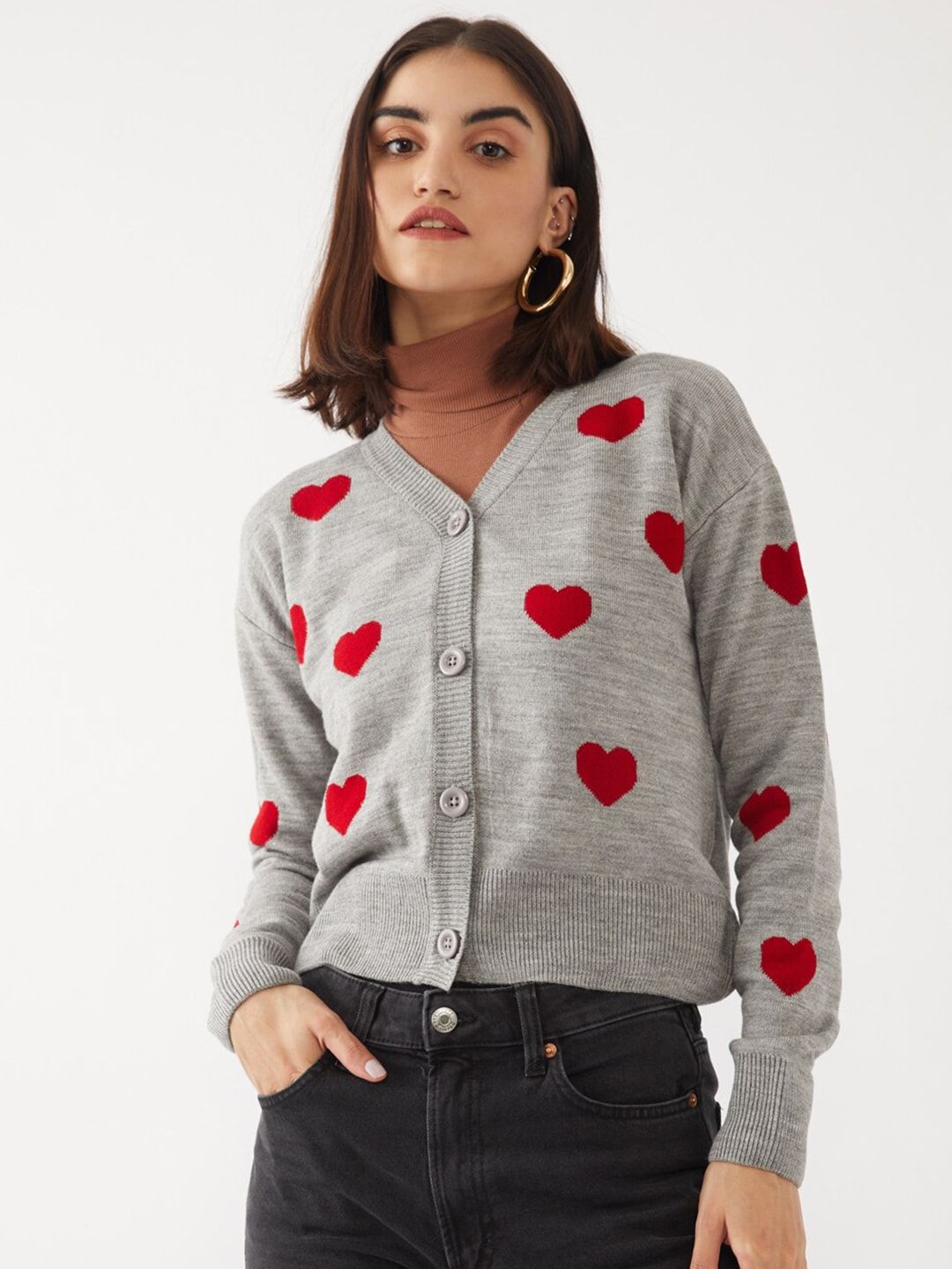 Zink London Women Grey & Red Jacquard Heart Printed Pure Acrylic Cardigan Sweater Price in India