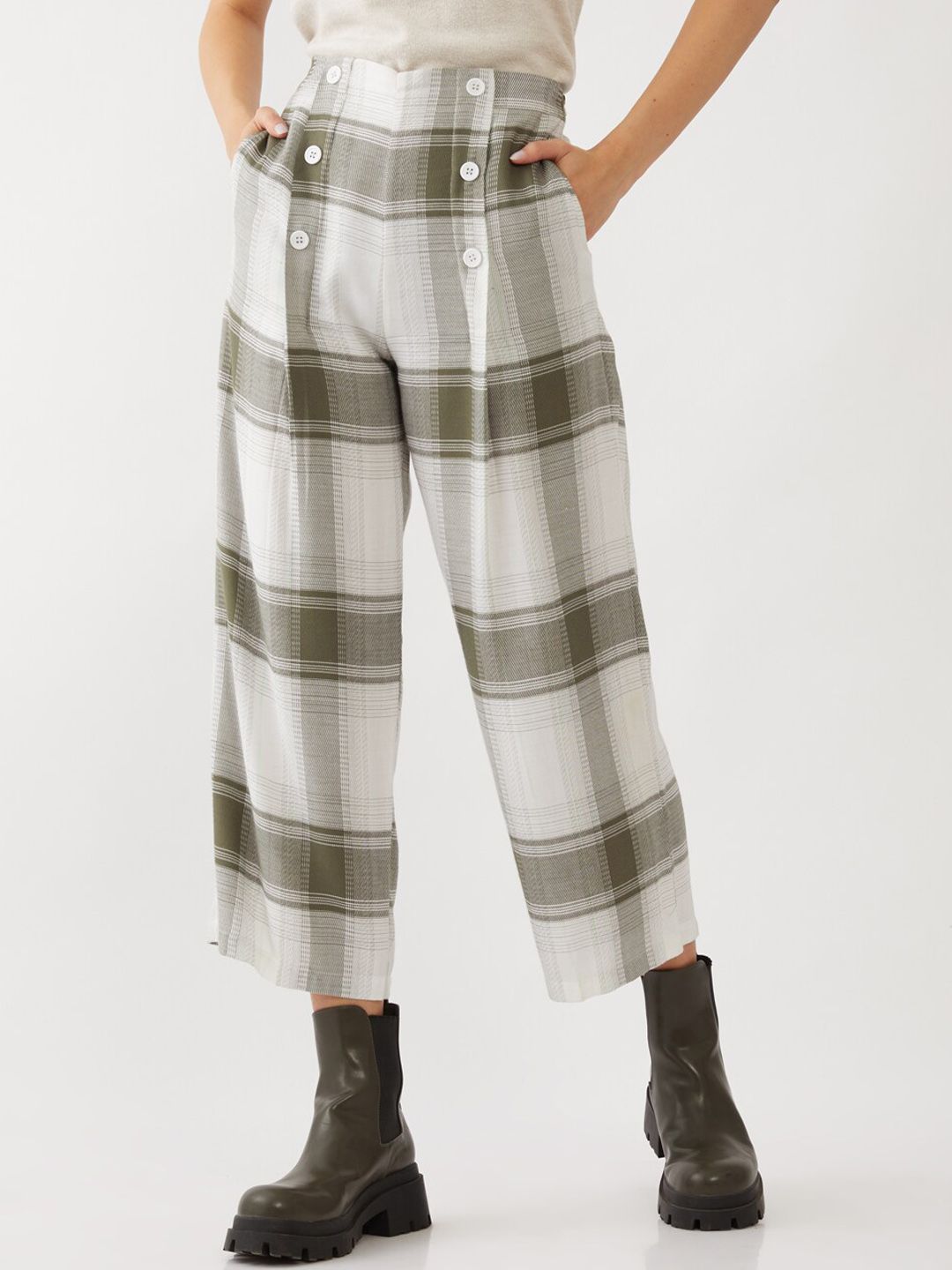 Zink London Women White Checked High-Rise Parallel Trousers Price in India
