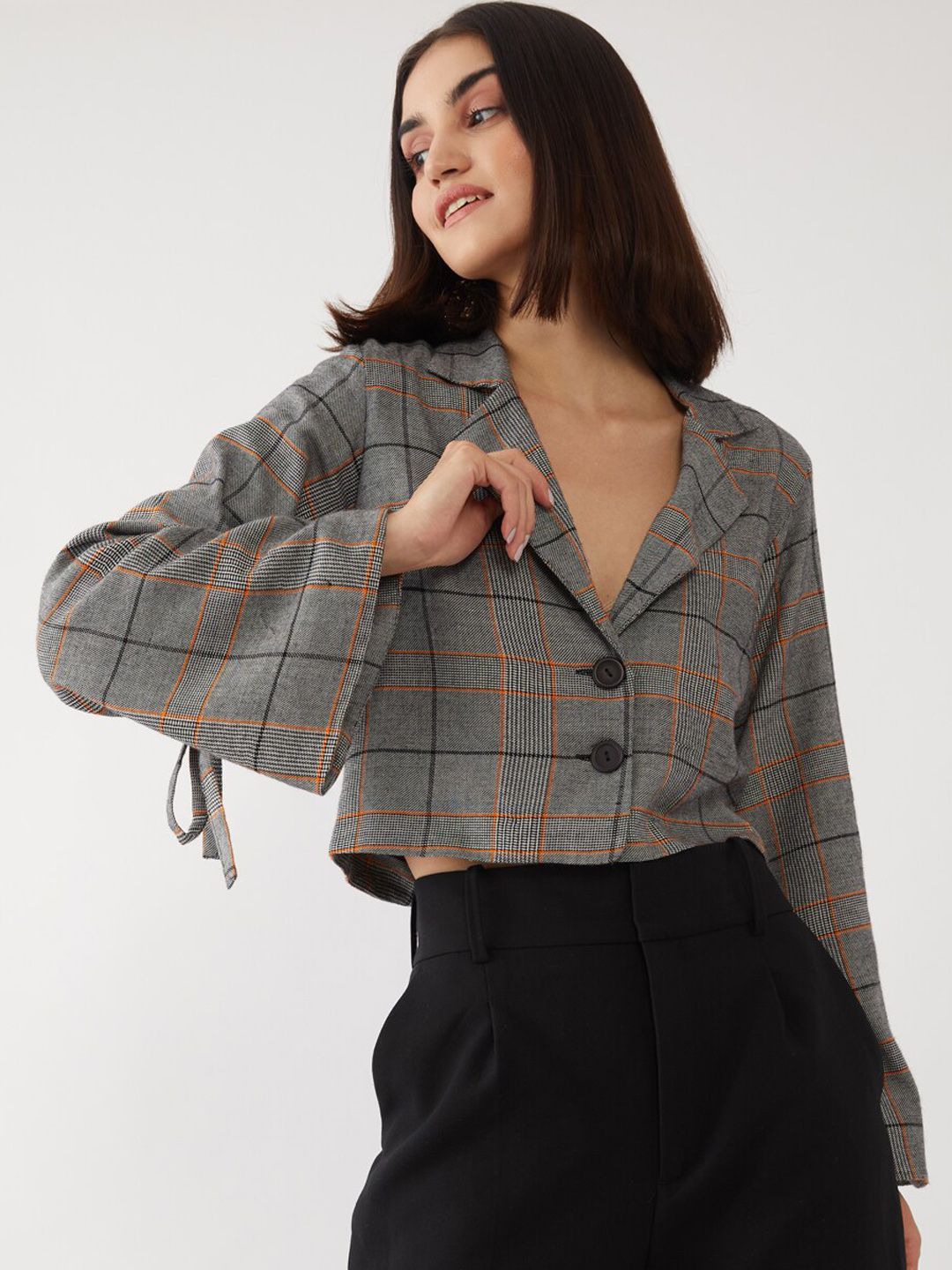 Zink London Women Grey Checked Crop Cotton Tailored Jacket Price in India