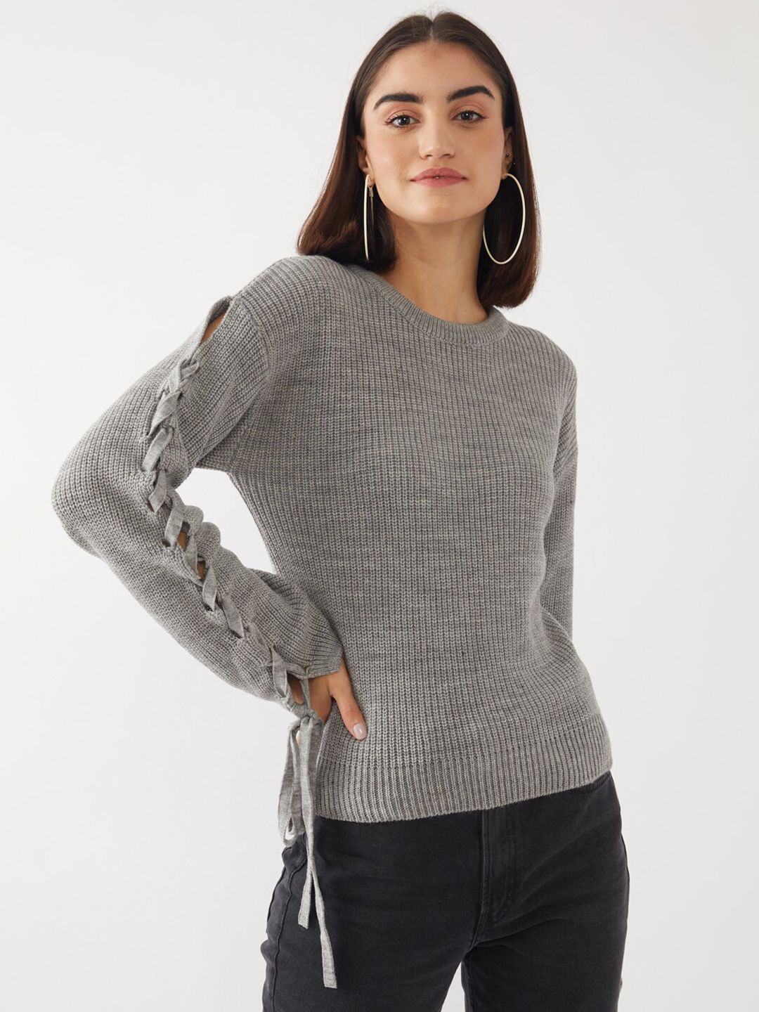 Zink London Women Grey Pure Acrylic Pullover Sweater Price in India