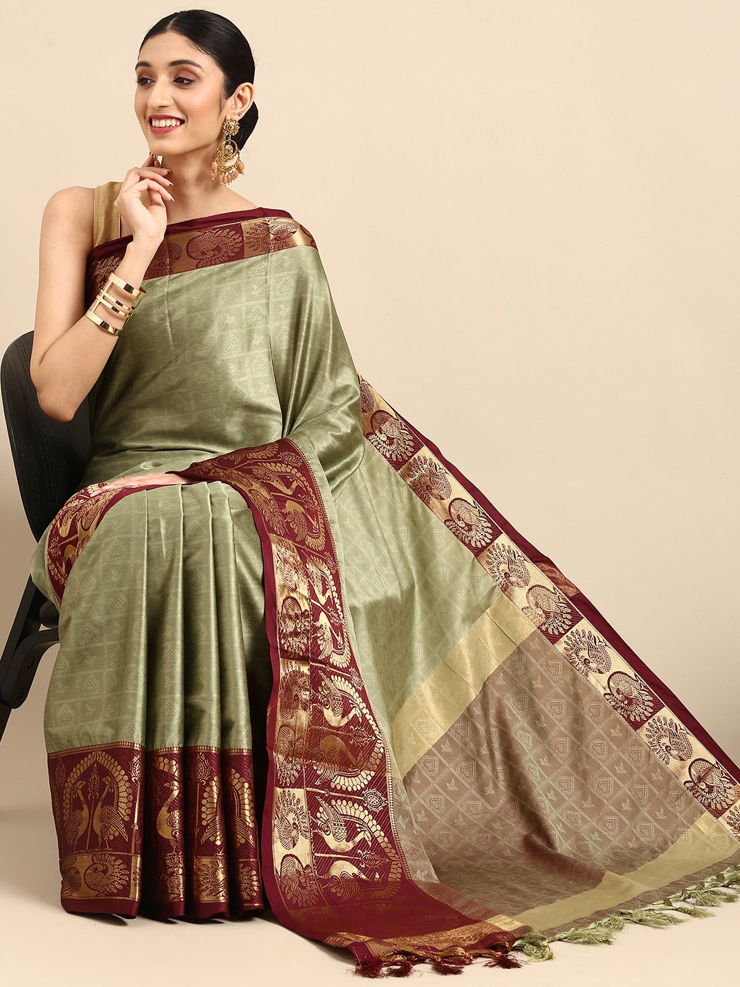 Anouk Green Ethnic Motifs Zari Pure Silk Banarasi Saree Price in India
