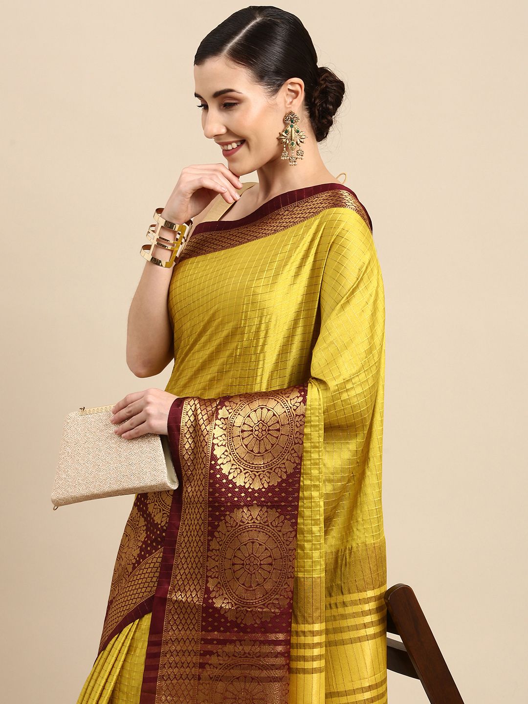 Anouk Mustard Yellow & Gold-Toned Checked Zari Pure Silk Kanjeevaram Saree Price in India