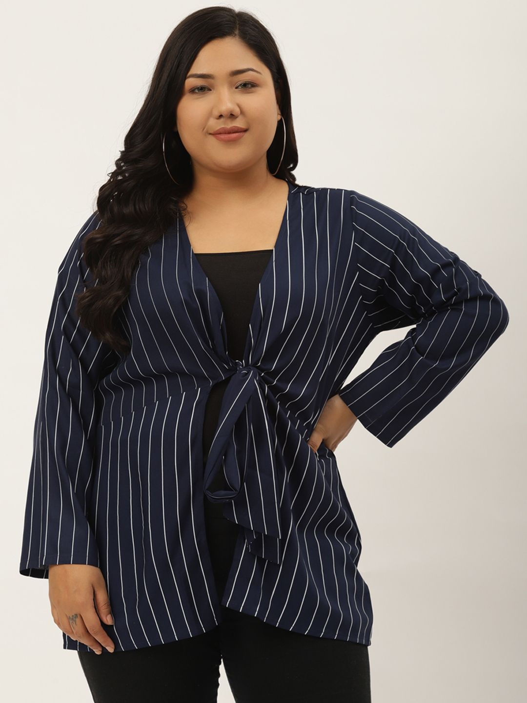 Revolution Plus Size Women Navy Blue & White Striped Tie-Up Shrug Price in India