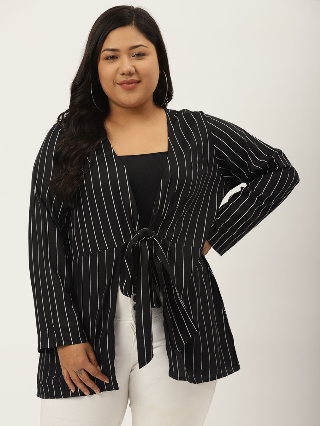 Revolution Plus Size Women Black & White Striped Tie-Up Shrug Price in India