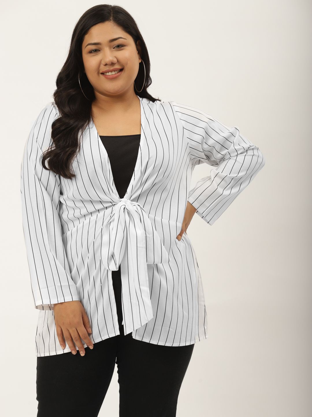 Revolution Plus Size Women White & Black Striped Tie-Up Shrug Price in India