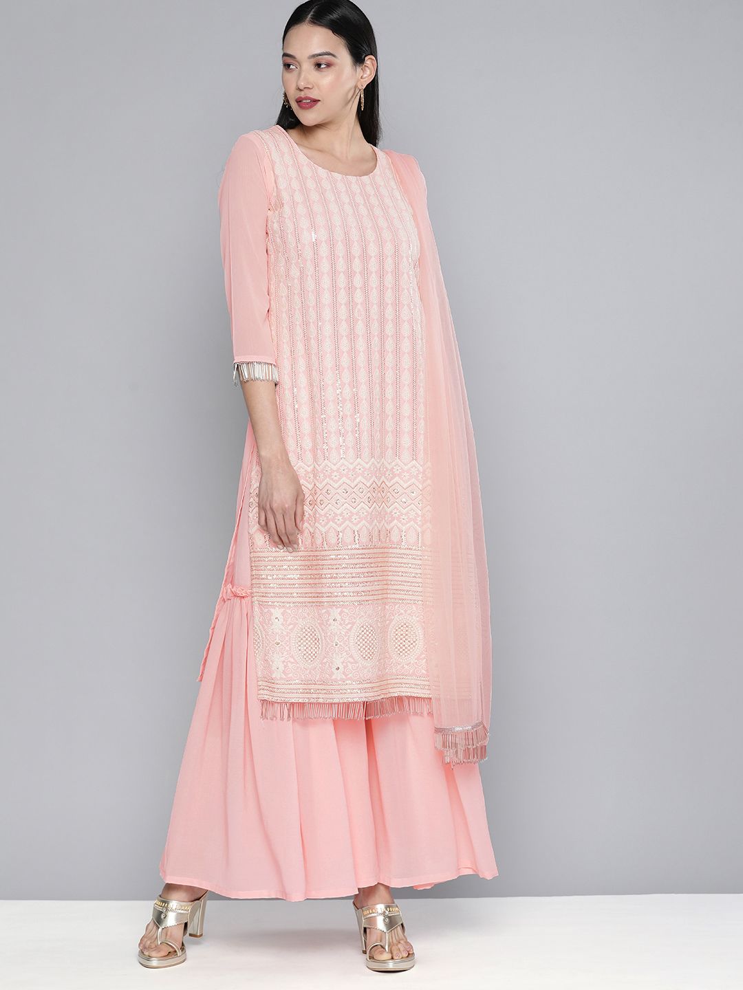 Kvsfab Women Pink Embroidered Regular Sequinned Kurta with Sharara & With Dupatta Price in India