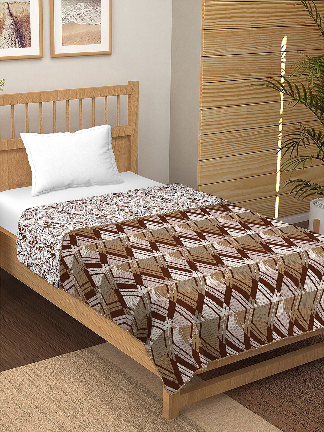 BELLA CASA Brown & White Geometric AC Room 210 GSM Pure Cotton Reversible Single Bed Dohar Price in India