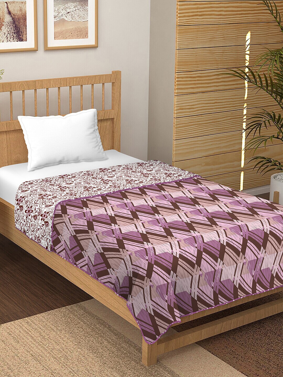 BELLA CASA Pink & White Geometric AC Room 210 GSM Pure Cotton Reversible Single Bed Dohar Price in India