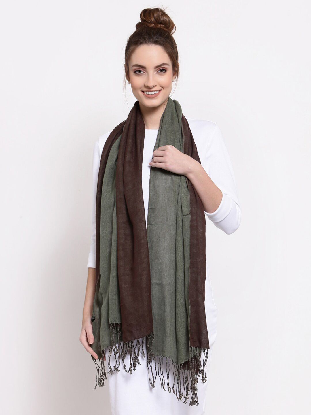 J Style Women Green & Brown Colourblocked Pure Cotton Stole Price in India