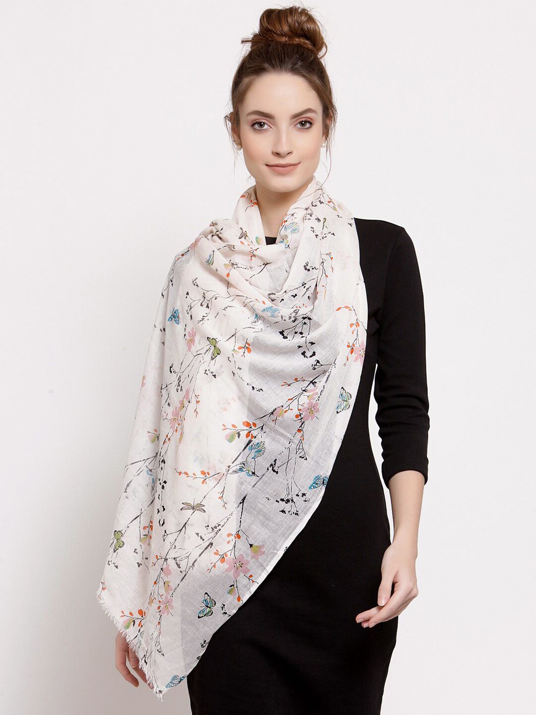 J Style Women Cream-Coloured & Red Printed Pure Cotton Stole Price in India