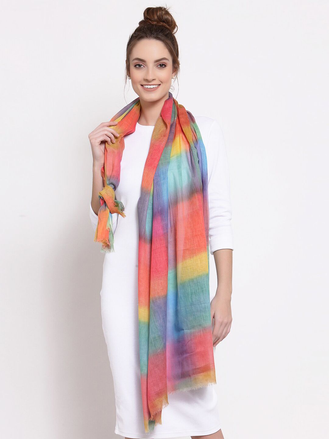 J Style Women Pink & Blue Colourblocked Pure Cotton Stole Price in India