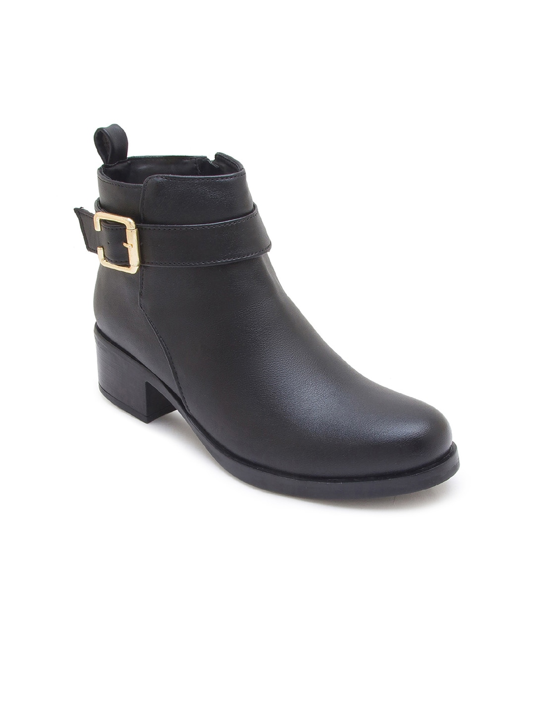 CERIZ Black Leather Block Heeled Boots with Buckles Price in India
