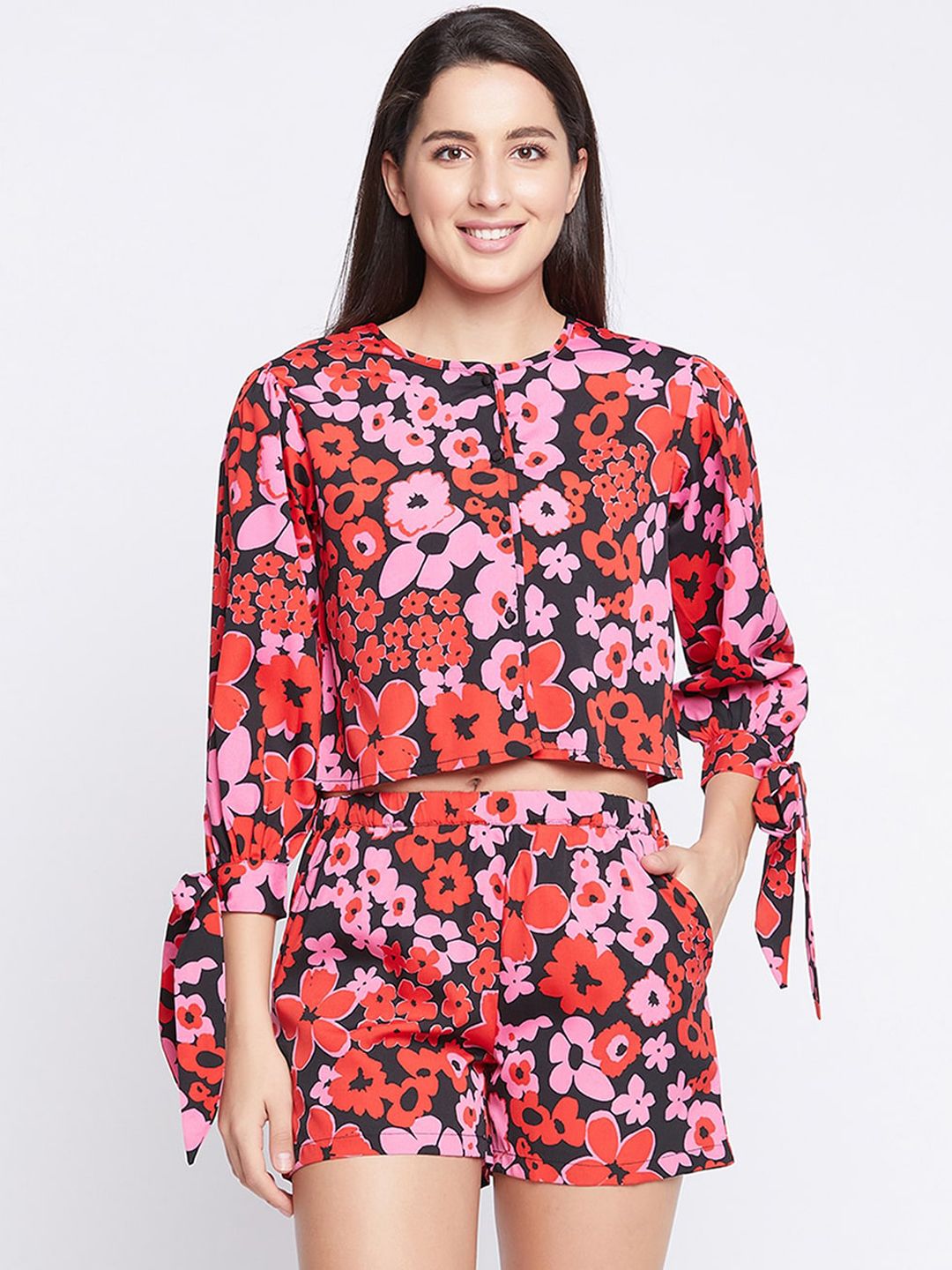 Clovia Women Pink & Black Printed Night suit Price in India