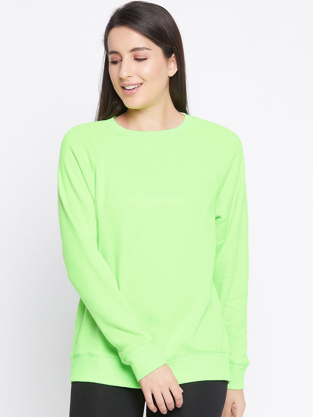 Clovia Women Green Solid Fleece Casual T-shirt Price in India