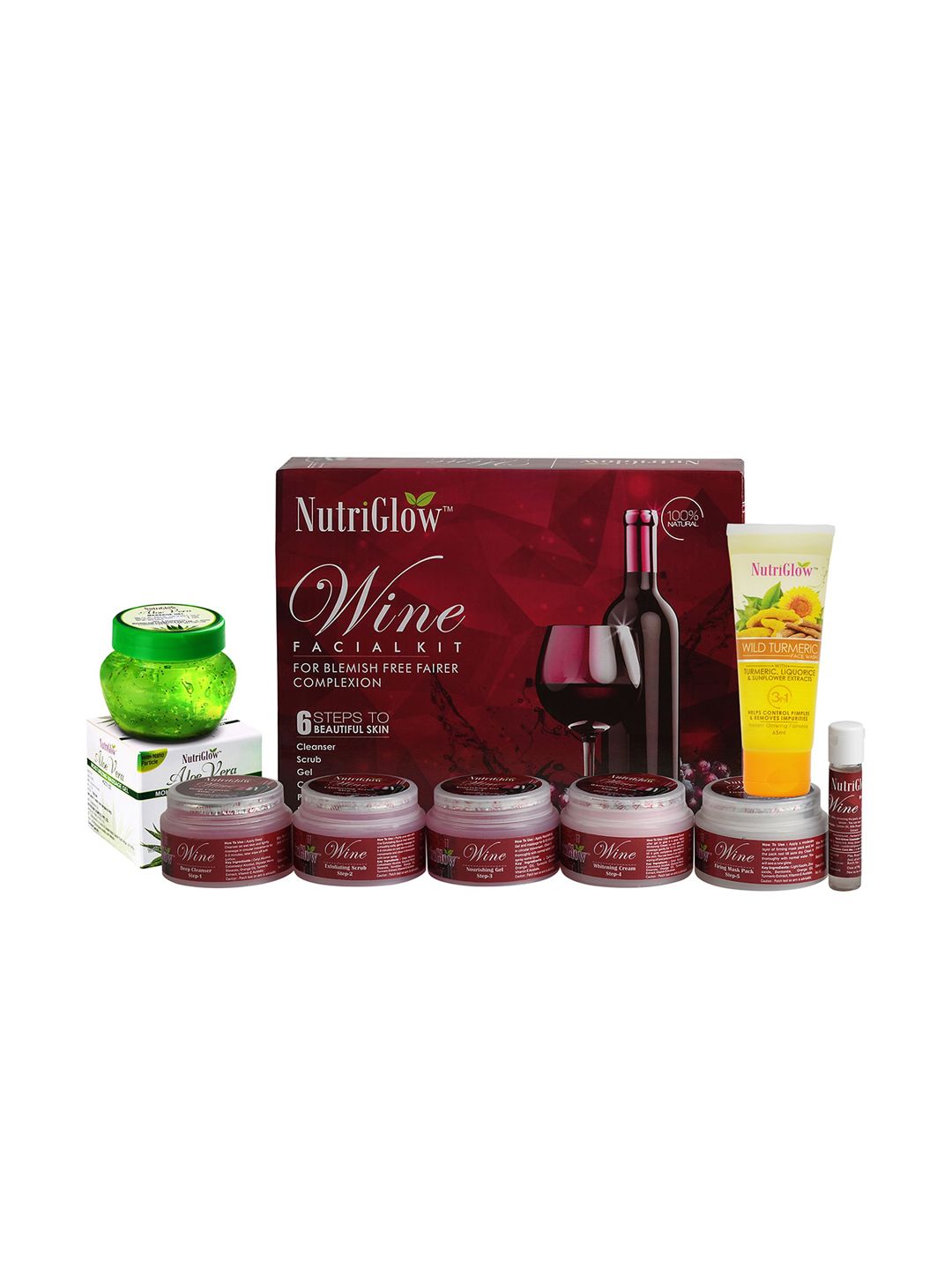 NutriGlow Wine Facial Kit 250 g + 10 ml - Turmeric Face Wash 65 ml - Aloe Vera Gel 100 g