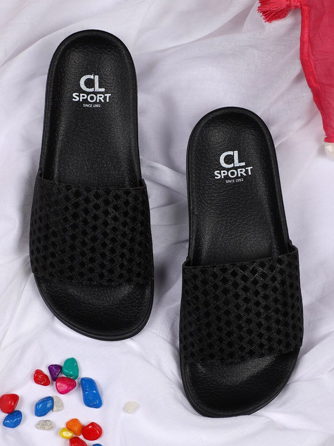 Carlton London sports Women Black Textured Sliders Price in India