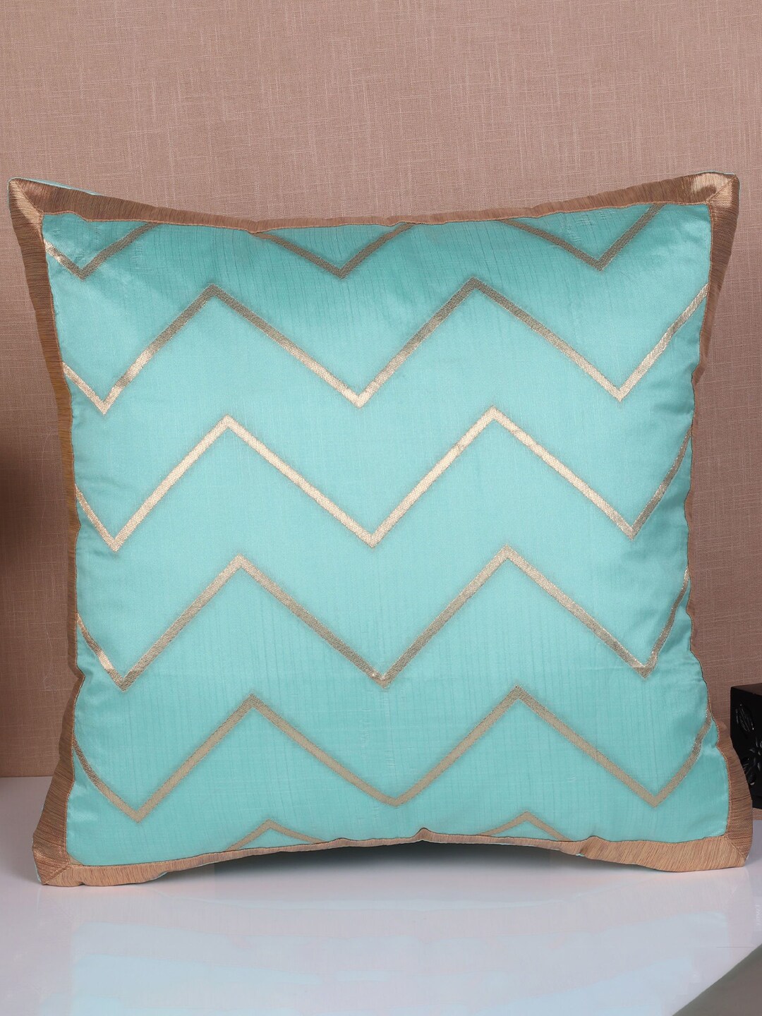 Molcha Turquoise Blue & Gold-Toned Set of 2 Geometric Square Cushion Covers Price in India