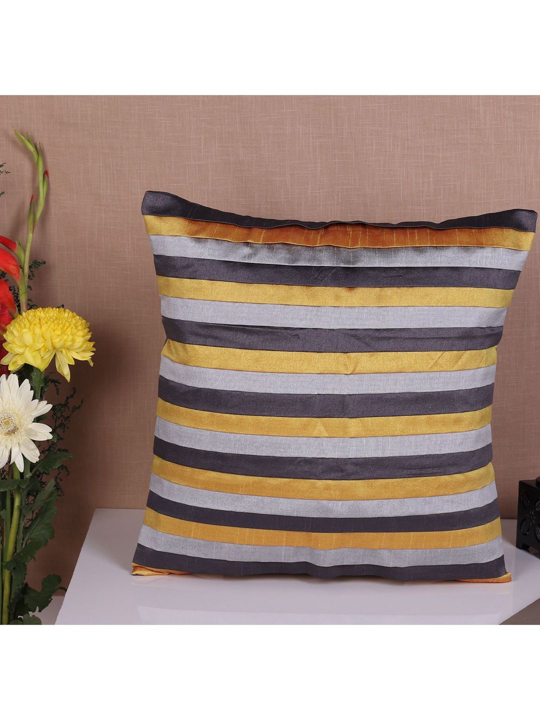 Molcha Set Of 5 Grey & Orange Striped Festive Collections Square Cushion Covers Price in India