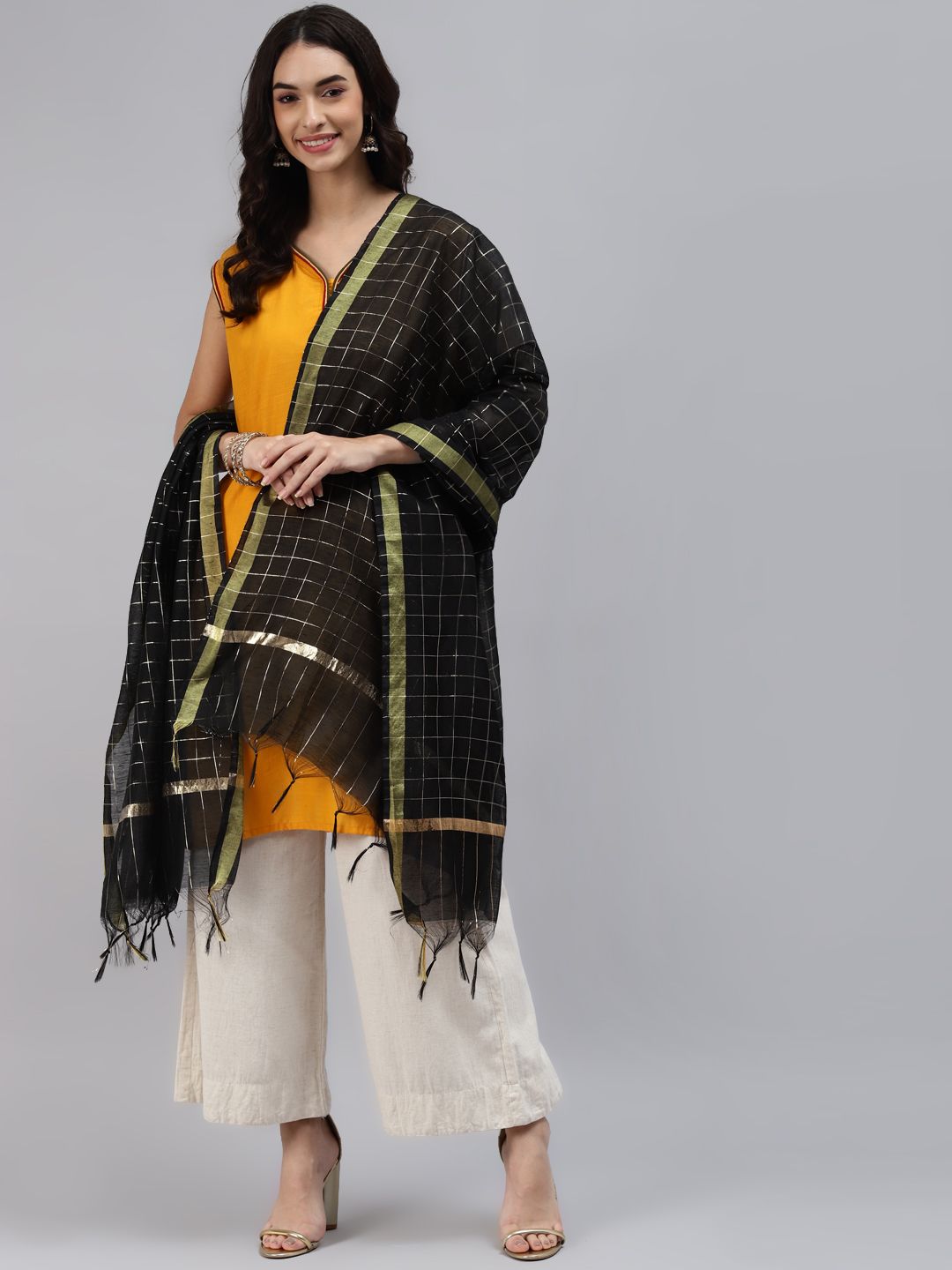 mokshi Black Checked Art Silk Dupatta with Zari