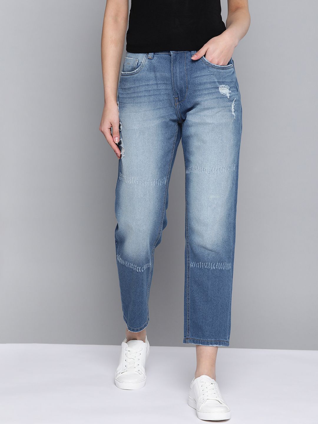 Mast & Harbour Women Blue Boyfriend Fit Mildly Distressed Light Fade Stretchable Jeans Price in India