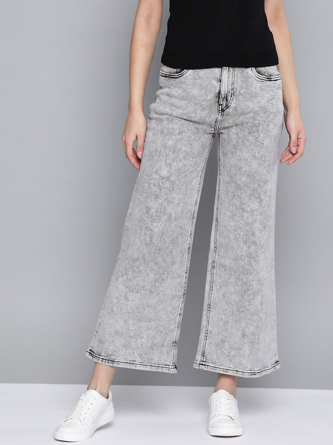 Mast & Harbour Women Grey Wide Leg Heavy Fade Stretchable Jeans Price in India